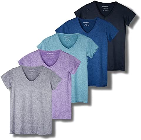Real Essentials 5 Pack: Women’s Short Sleeve V-Neck Activewear T-Shirt Dry-Fit Wicking Yoga Top (Available in Plus)